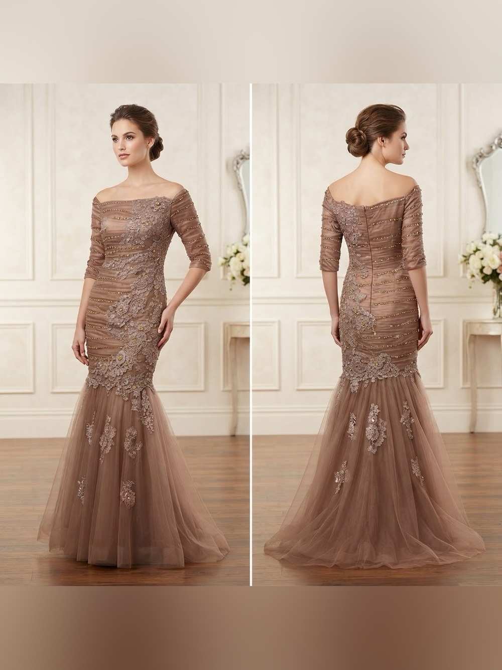 Carmen Chirino’s Boutique Designer Gown Fawn Chiffon Lace Formal Mermaid Dress M